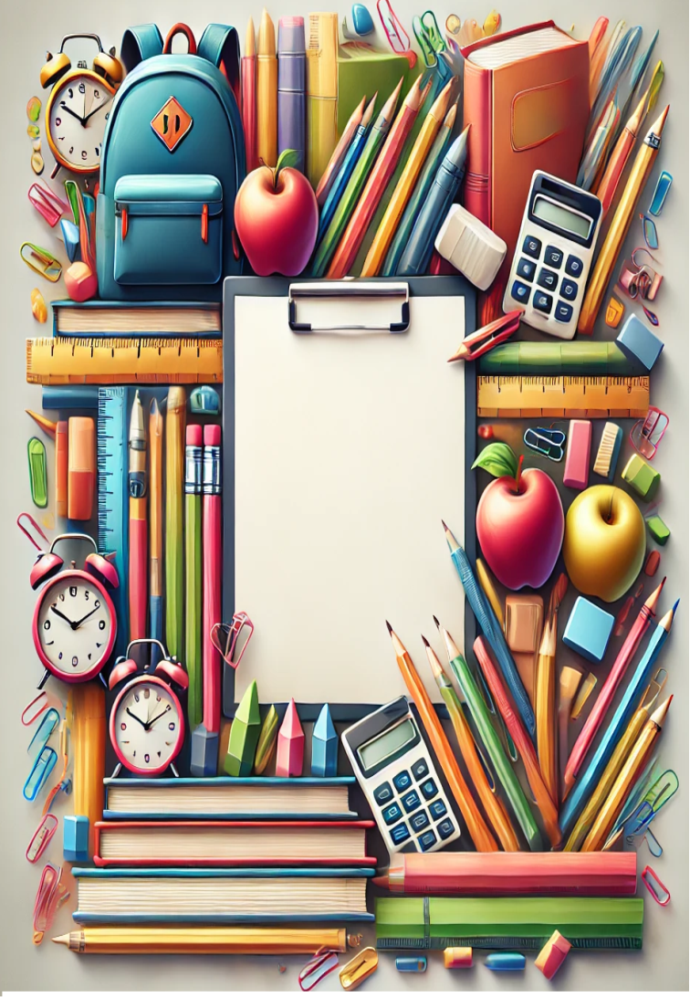 C:\Users\School\Desktop\РОЗРОБКИ\картинки\DALL·E 2025-01-07 17.11.56 - A vertical frame of school supplies with items overlapping in a layered, artistic manner. The middle space is significantly larger and left empty for .png